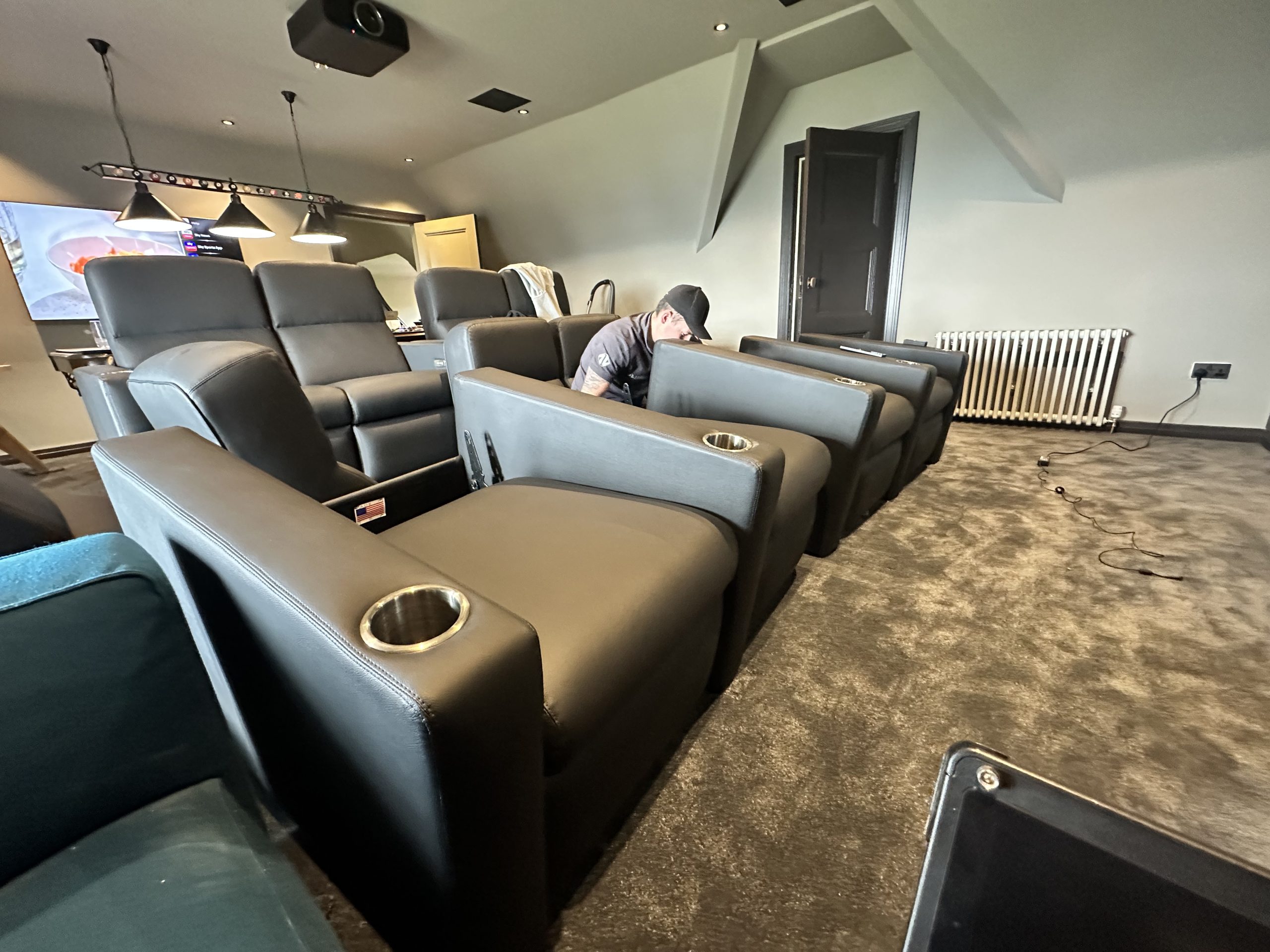 Cinema seats installed in the top-floor room at Greystones